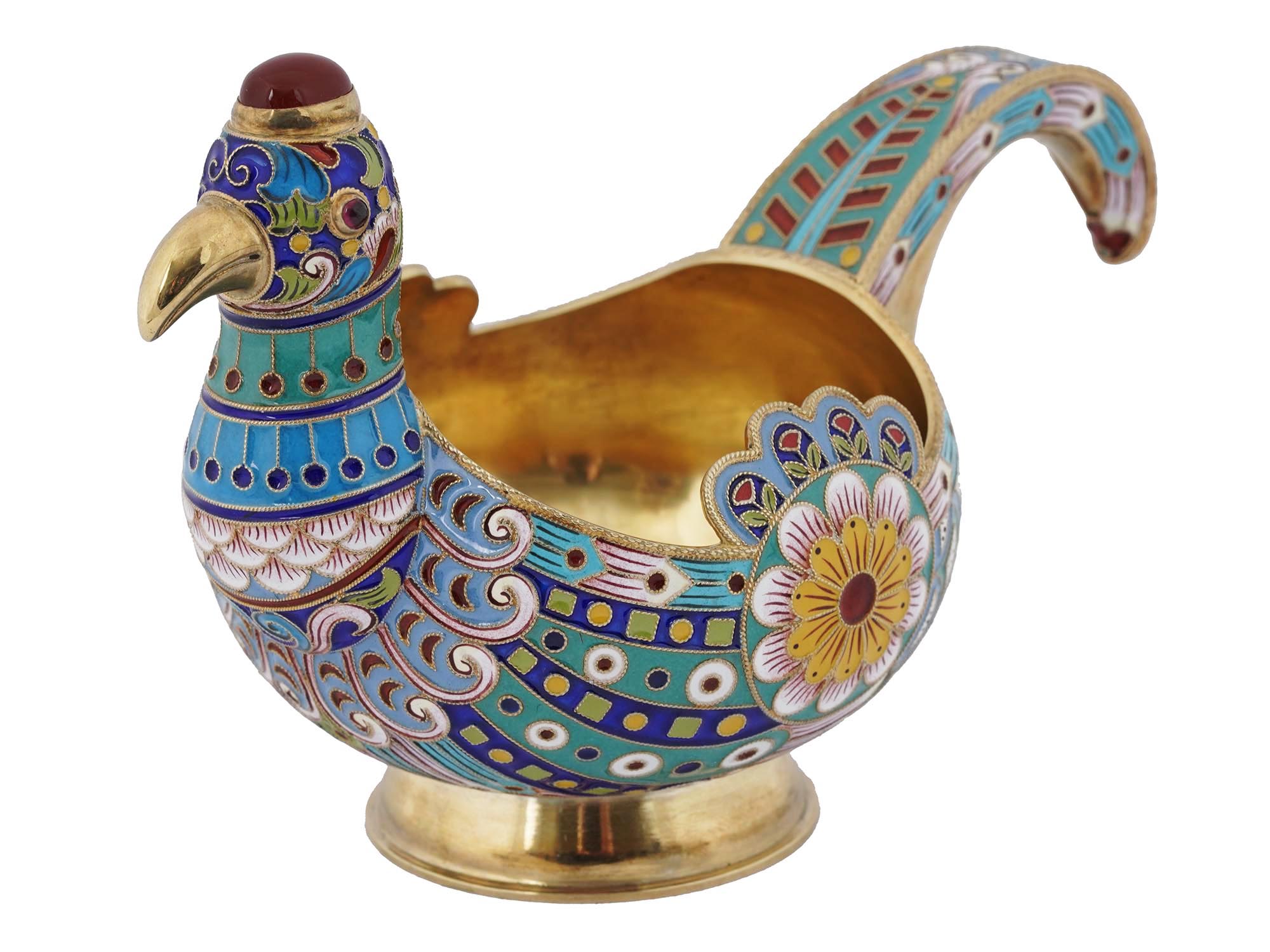 RUSSIAN GILT SILVER CLOISONNE ENAMEL BIRD KOVSH PIC-0